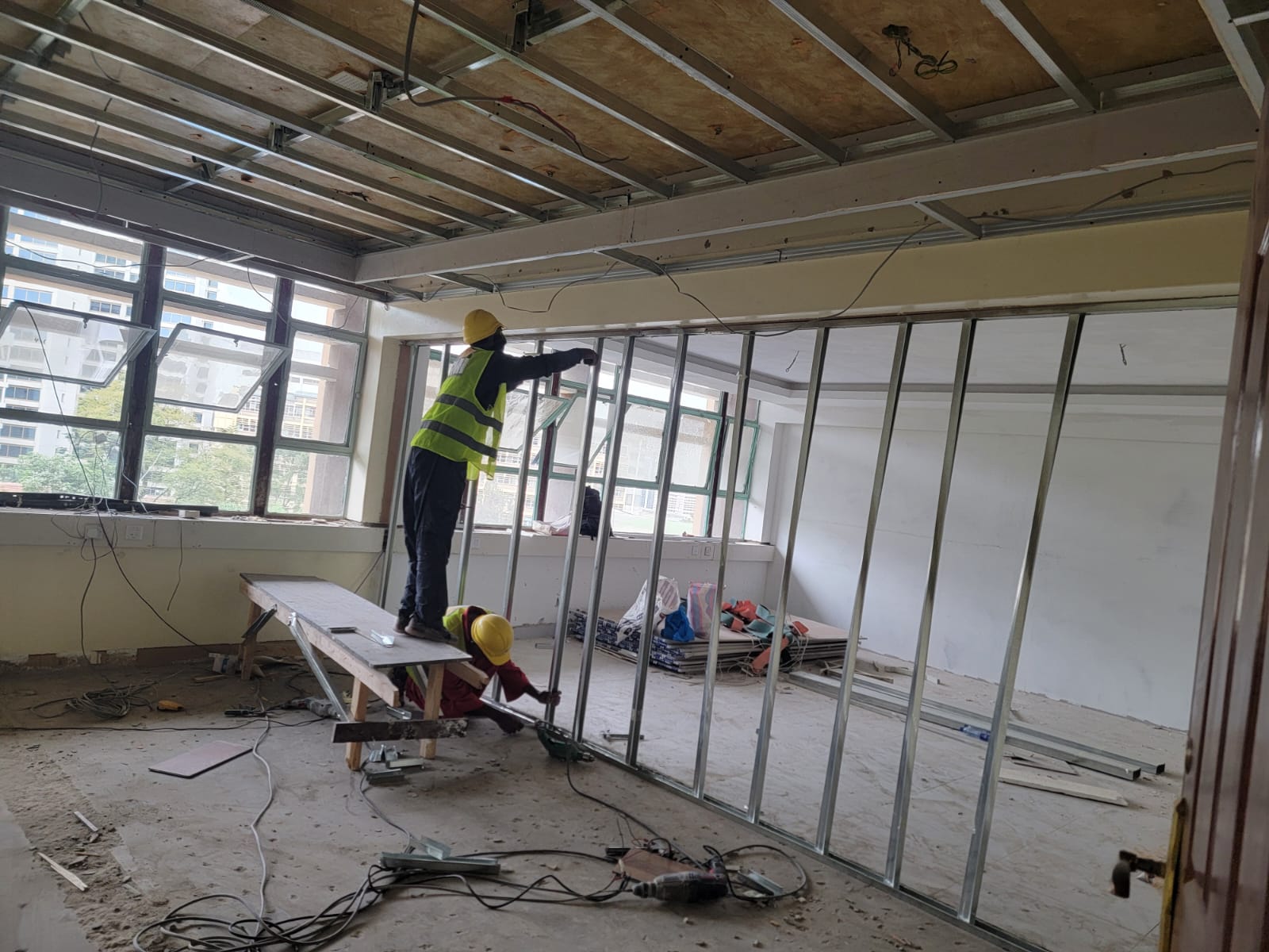 Interior partition installation at Transcom Building